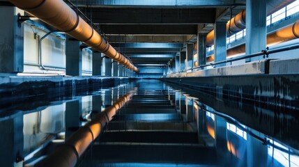 Industrial Infrastructure Water Treatment Plant Showing Pipelines and Reflection