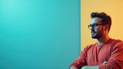 Young man. Side profile. Casual wear. Bright background. Blue yellow contrast. Thoughtful expression. Studio photo. Cool tone. Modern style. Male portrait. Technology theme. Creative industry. Inspir