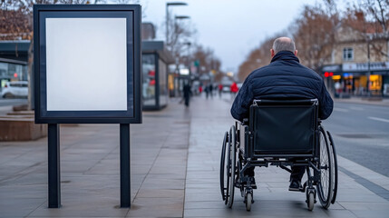 A person in a wheelchair passing by a blank billboard on a city sidewalk, highlighting accessibility and potential for inclusive advertising. Concept for disability awareness.
