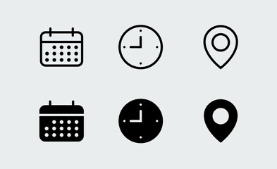Calendar, time, clock, address, location icon set. Icons for date, reminder, adress, invitation, event, business