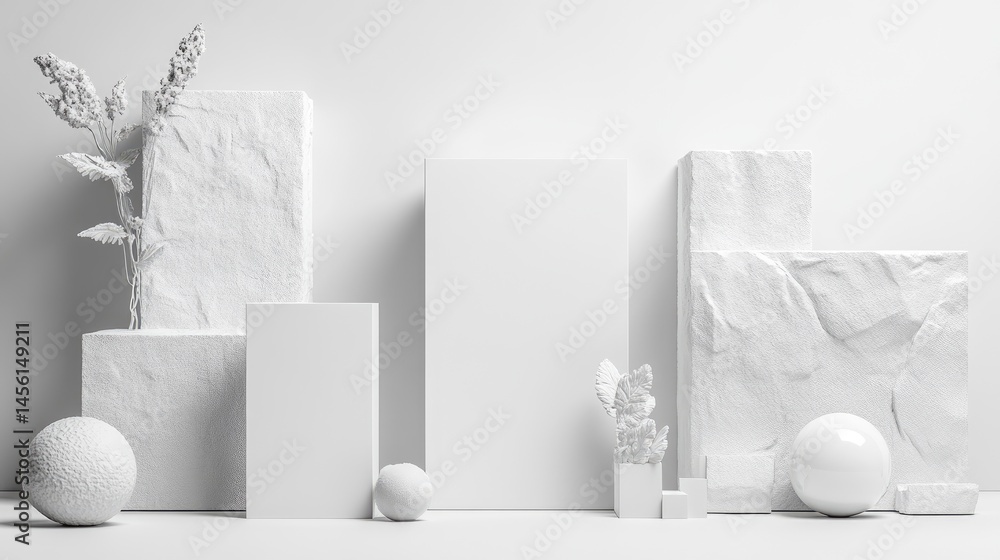 Poster Clean architectural white background with subtle 3D shapes and product stand mockup