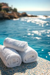 Plakat White, fluffy towels by the swimming pool with sparkling blue water and breathtaking sea views.,