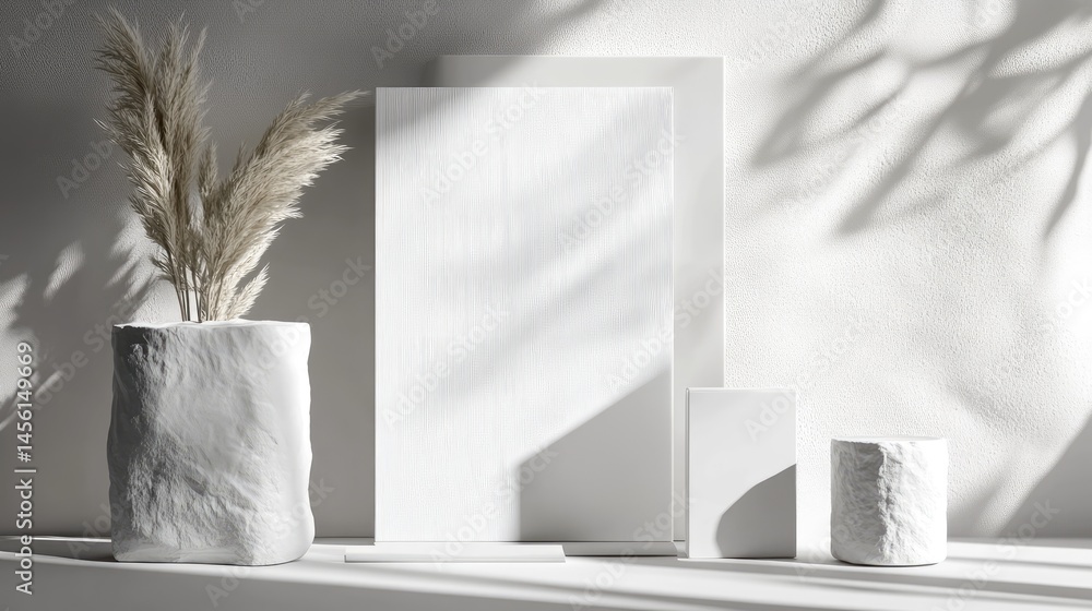 Poster clean architectural white background with subtle 3d shapes and product stand mockup