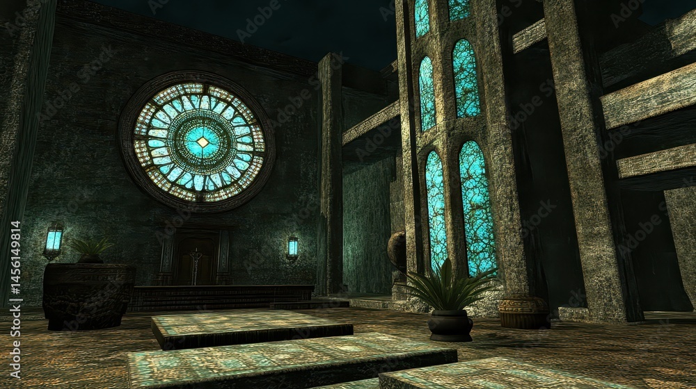 Poster mystical ancient architecture ruins with glowing ornate window and pillars in abandoned world buildi