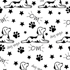 Naklejka premium seamless pattern with a simple icon of a dog doing yoga, namely lying in the cobra pose and various inscriptions, for logos and various designs