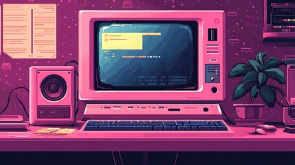 Fototapeta premium Retro old computer user interface,Pink Y2K computer window page and retro interface of PC screenTrendy,y2k pc element,8 bit pixel art,Transgressive conceptual modern art,kawaii retro 90s style.
