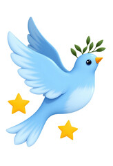 Obraz premium Blue Dove with Olive Branch, Yellow Stars on Transparent Background