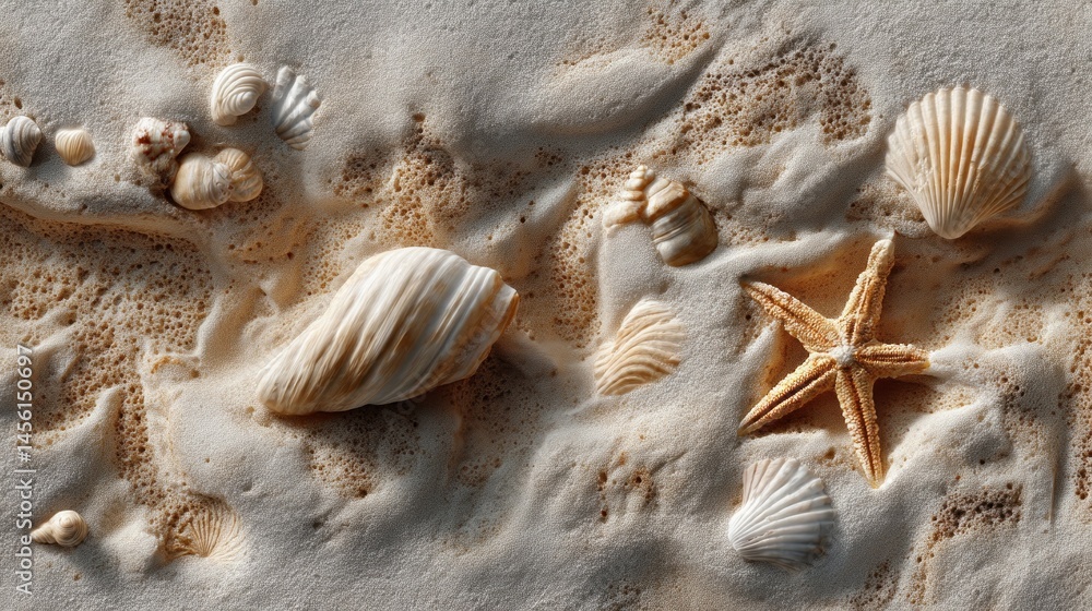 Poster sandy beach with a variety of seashells and a starfish scattered across the surface. sunlight illumi