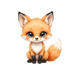 Obraz premium Cute Orange Fox Sitting with Big Eyes on White Background