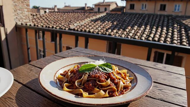 Tagliatelle pasta with a rich bolognese sauce, garnished with fresh basil and grated parmesan cheese, sits on a wooden table on a rooftop, overlooking the terracotta rooftops of bologna, italy