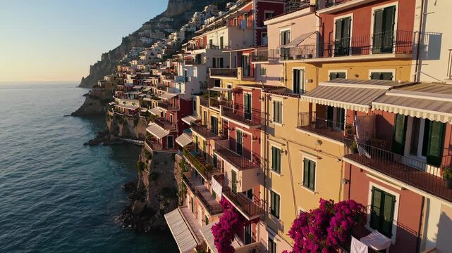 Sunlight golden bathing picturesque positano cliffside, colorful houses perched along amalfi coast with bougainvillea vibrating against tranquil tyrrhenian sea backdrop