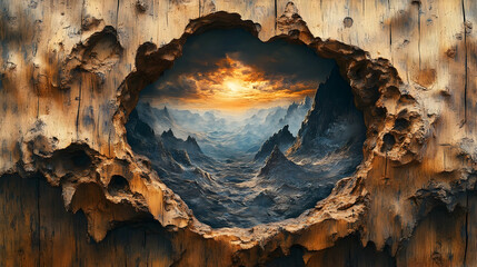 Wooden panel reveals a vista of a mountain range.