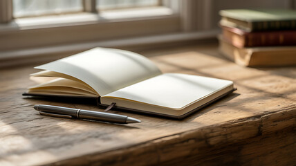Open notebook pen sunlight wooden table peaceful writing inspiration awaits