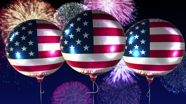 USA flag balloons with fireworks background, seamless loop, 3D render. For Fourth of July American Independence Day and patriotic celebrations.