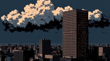 Fototapeta premium Metropolis at twilight pixelated modern skyline with towering skyscrapers against a backdrop of clouds under a night sky ambiance