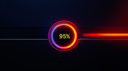 Circular loader, speed indicator on black background, status, loading percentage for website or internet page in neon gradient. 95% loading