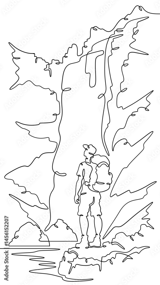 Poster continuous one line drawing a tourist stands at the foot of a waterfall.a traveler with a backpack.a
