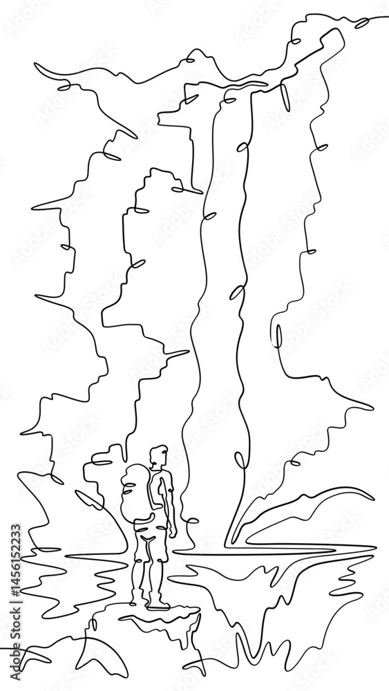 Aufkleber continuous one line drawing a tourist stands at the foot of a waterfall.a traveler with a backpack.a