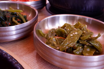 Spicy Green Peppers and Vegetable Side Dish in Metal Bowls
