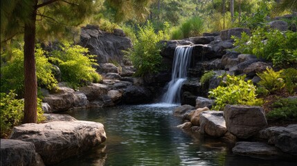 Waterfall in Lush Green Forest. Nature Scene with Cascading Water