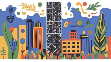 Obraz premium Vibrant Urban Landscape Playful Cityscape with Geometric Buildings and Colorful Nature Elements Creative Modern City Illustration