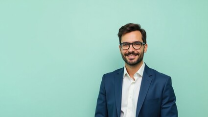 Storyblok. Deep introspection awaits. Male man model isolated background. Man in blue suit and glasses sits in solitude, deeply contemplating his thoughts and emotions.