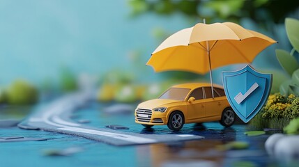 3D vector illustration of a car driving on the road across the world, protected by an umbrella and an insurance shield, offering coverage for accidents and travel 