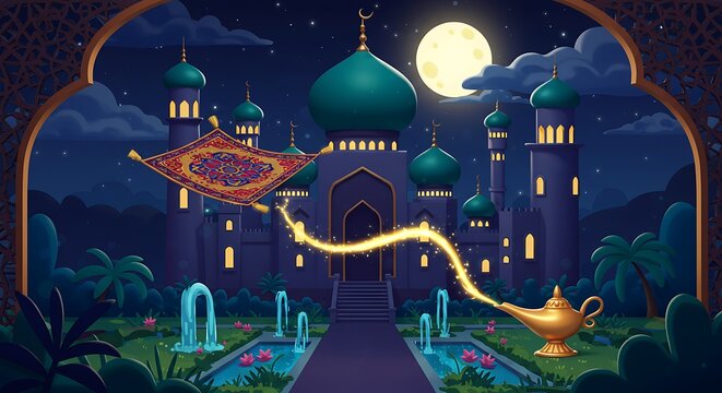 Enchanting Night Scene of an Arabian City with Magic Carpet and Genie's Lamp