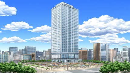 Fototapeta premium Anime city skyline illustration with skyscraper under a bright blue sky with clouds showcasing urban design and architectural rendering