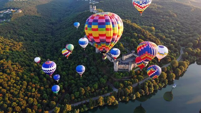 Colorful hot air balloons fly over beynac castle, a medieval fortress perched on a cliff overlooking the dordogne river, creating a breathtaking spectacle at sunrise