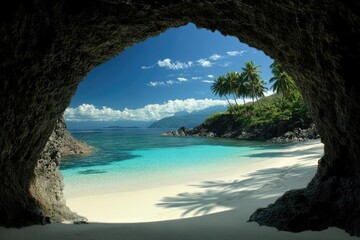 Fototapeta premium Tropical paradise hidden within a cave. A breathtaking view of a secluded beach, turquoise water, and lush vegetation through a dark cave opening