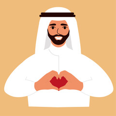 Young Arab man in traditional muslim making LOVE HEART sign, vector avatar illustration in flat cartoon style.