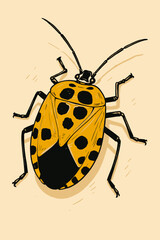 Illustration of a Yellow and Black Spotted Bug on Beige Background