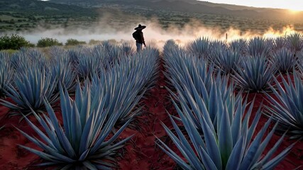 Majestic agave plants stretch towards the rising sun, their blue green leaves contrasting with the red earth as a farmer walks through the field, a silhouette against the dawn sky