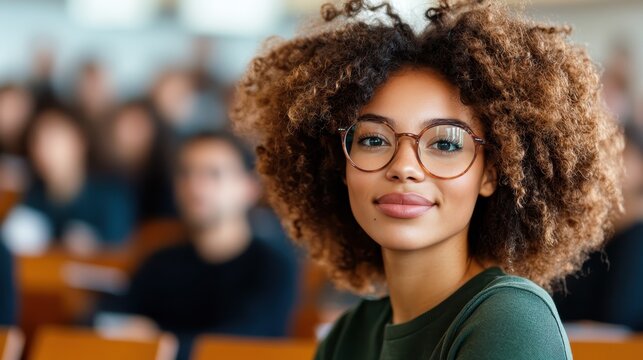 A focused young female student with curly hair and glasses poses with a slight smile, displaying a sense of curiosity and engagement in a classroom atmosphere filled with peers.