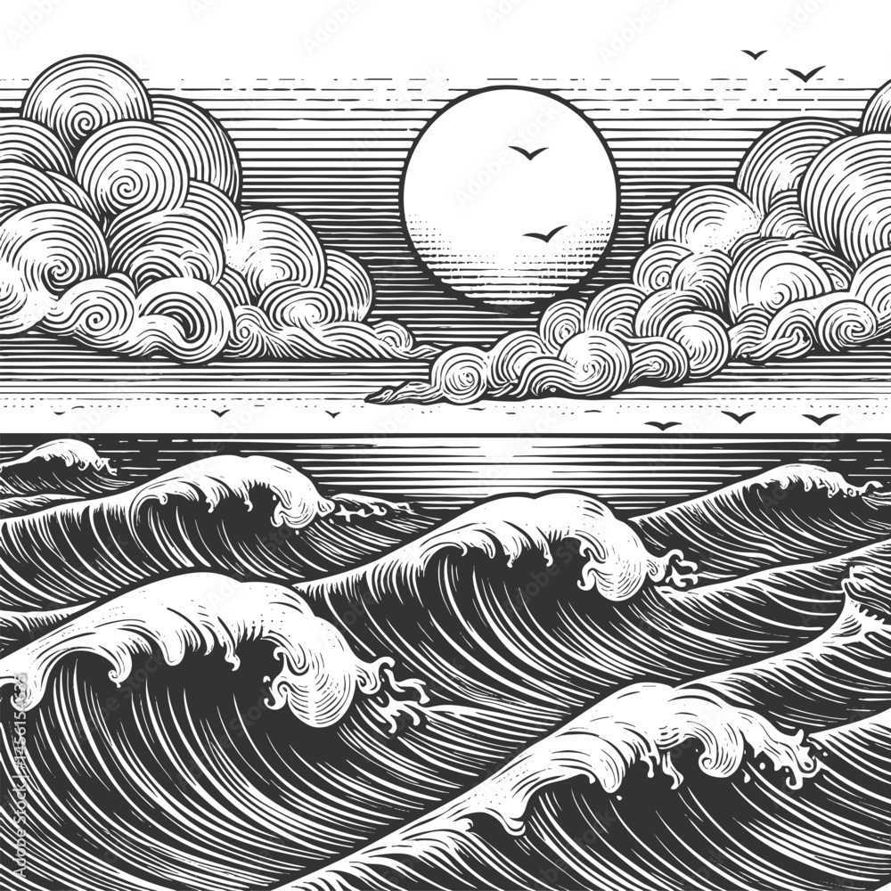 Poster ocean waves with a setting sun and starry sky in the background sketch engraving generative ai vecto