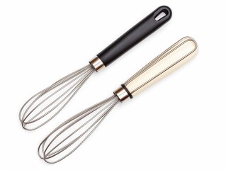 Obraz premium A pair of manual rotating metal and plastic egg beaters or whisks with a classic design and intricate detailing isolated on a clean white background The kitchen utensils are perfect for cooking