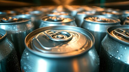 Aluminum cans in motion on a conveyor system inside a beverage factory, symbolizing the operations of the food and beverage sector. 