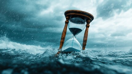 An hourglass, partly submerged in choppy waters, captures the transient flow of time, highlighting the contrast between permanence and the tumultuous currents of life and destiny.
