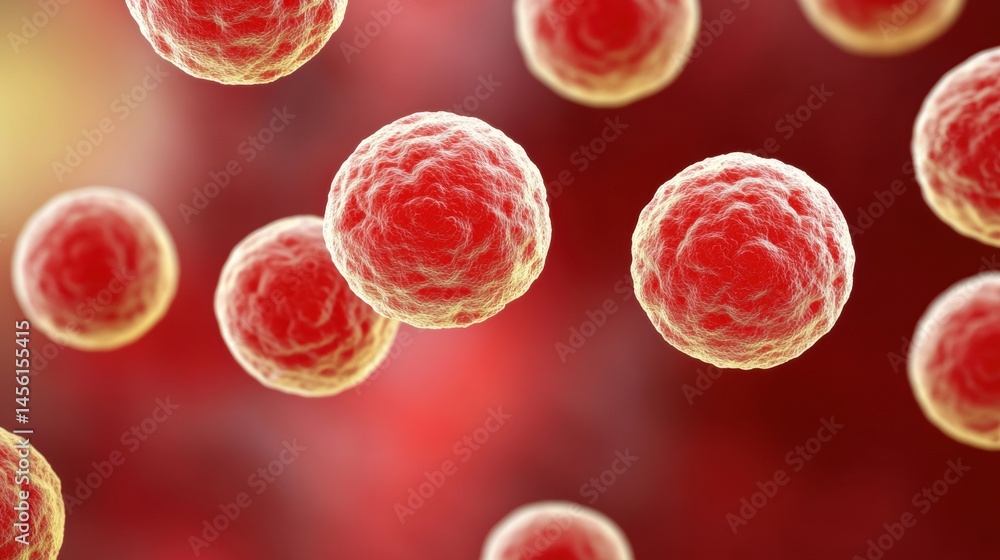 Poster microscopic view of red biological cells floating in a fluid, showcasing cell structure and detail.