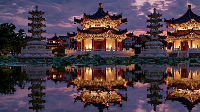 Beautiful twilight scene at the lotus pond in kaohsiung, taiwan, featuring the dragon tiger tower illuminated against a vibrant sky, its reflection shimmering in the calm water