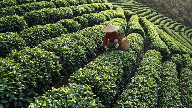 Lush green tea plantation in taiwan shows a farmer meticulously harvesting tea leaves, highlighting the traditional methods and serene beauty of tea cultivation