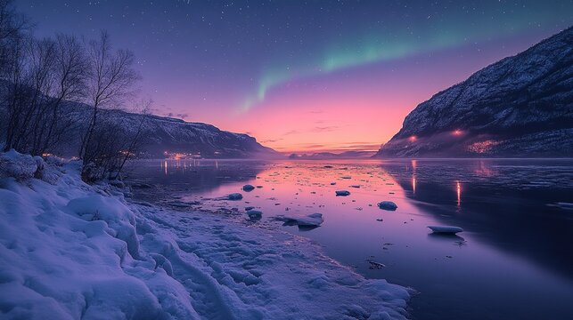 Auroras flicker over icy fjords in this long exposure shot under a starry sky, showcasing the stark yet majestic Arctic landscape in vibrant green and purple hues.