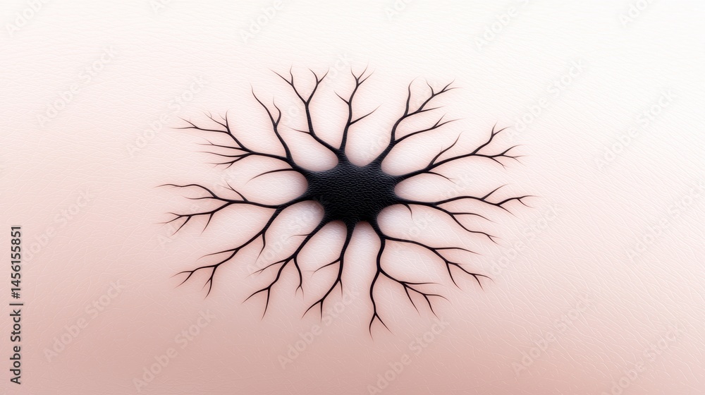 Poster a single black neuron-like structure with branching dendrites on a light pink background.