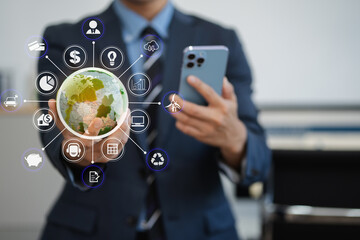 Male using smartphone for working technology and business,  Renewable energy-based green businesses...