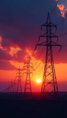 Silhouetted electricity pylons against a vibrant sunset sky , steel, grid