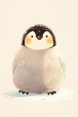 Fototapeta premium Illustration of a fluffy baby penguin in snow with tiny red smile