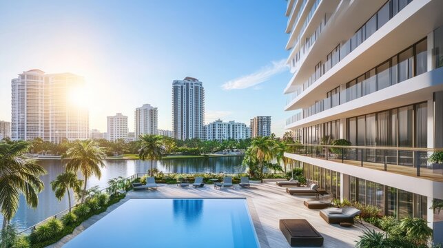 Luxurious pool deck overlooking a city and waterway