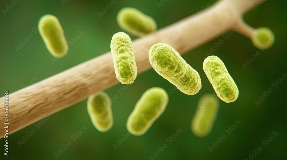 Poster microscopic view of green bacteria cells floating near a surface with a blurred green background.