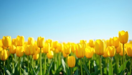 Obraz premium Sunlit field of vibrant yellow tulips beneath a clear blue sky , outdoor, photo, fresh